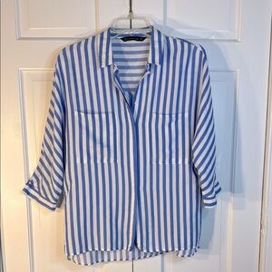 Zara Blue and White Relaxed Notched Collar Shirt